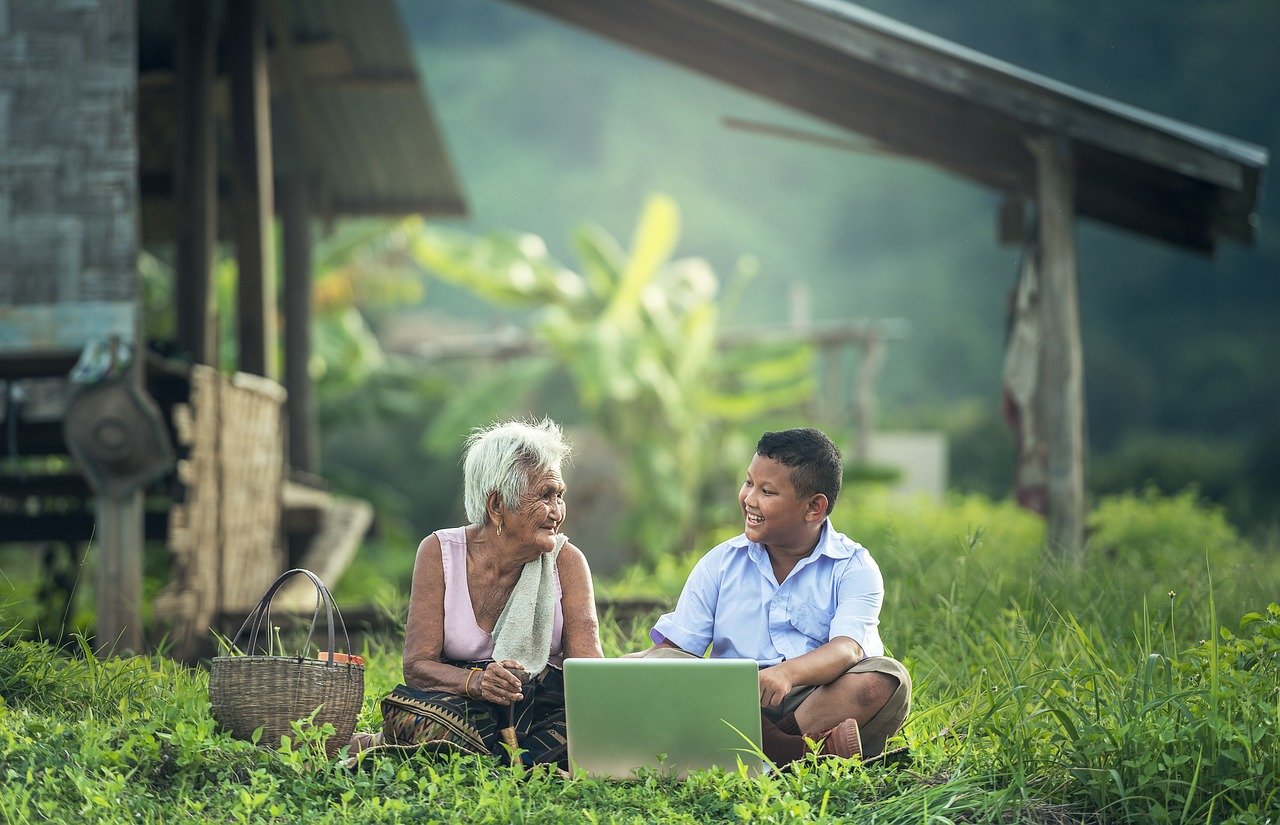 grandmother, kids, laptop